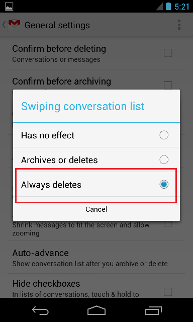Swipe to Delete Settings